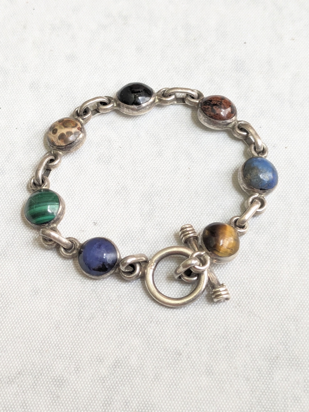 Taxco Sterling Silver Bracelet 7.25" Round Malachite Lapis Lazuli